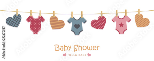 baby shower welcome greeting card for childbirth with hanging hearts and bodysuits vector illustration EPS10