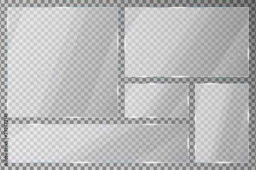 Glass plates set on transparent background. Acrylic or plexiglass plates with gleams and light reflections in rectangle and square shapes. Vector illustration.