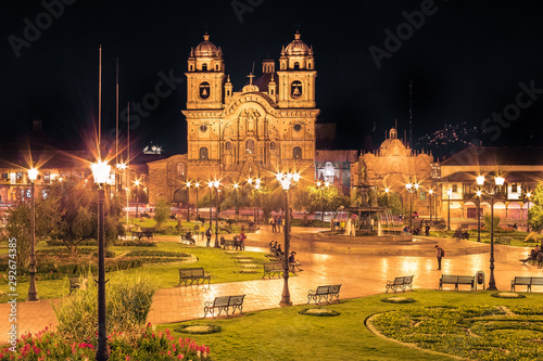 Night View of the Plaza de Armas in the Historic City Center of Cuzco, Peru (UNESCO World Heritage)