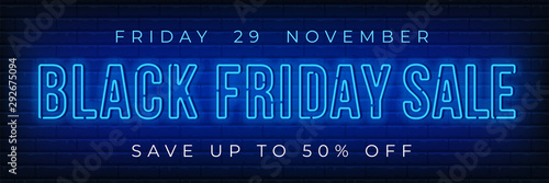 Advertisement of Black Friday Sale. Bright and enticing design with luminous neon letters on brick wall background. Ad offer discount on shopping day. Vector illustration.