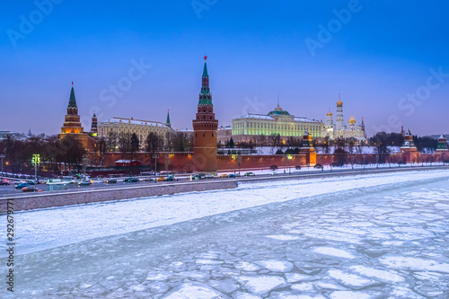 Panorama of Moscow in the spring. On the river Moscow cracking ice. Ice drift. Kremlin embankment. Kremlin. Grand Kremlin palace. Kremlin Churches. Trip to Russia.