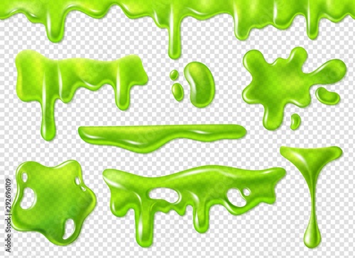 Green slime. Slimy purulent blots, goo splashes and mucus smudges. Realistic halloween elements isolated vector set