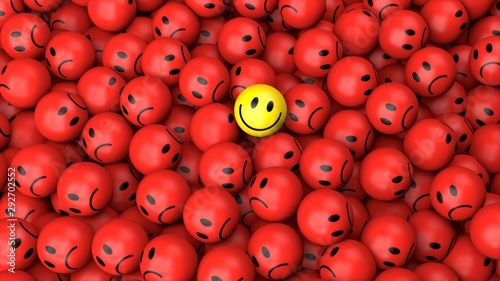 One yellow happy smile between many red spherical sad others as concept for unique, optimistic, positive, difference 3D rendering