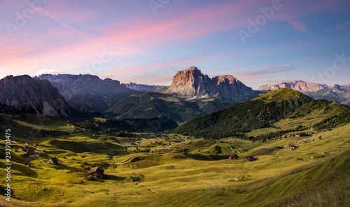 Sunrise in Alpine Meadow wonderland - Seceda Seiser Alm in Dolomites