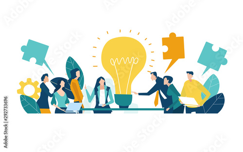 Team of professional people talking over the meeting. light bulb as a symbol of new idea and finding solution. Developing, taking a risk, support and solving the problem business concept illustration.