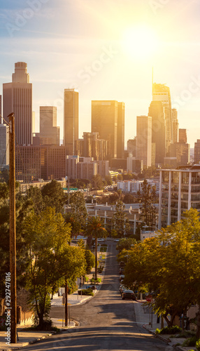 Downtown Los Angeles city skyline skyscrapers vertical panorama from suburban neighborhood