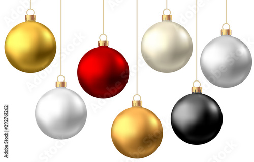 Realistic red, black, gold, silver Christmas balls isolated on white background.