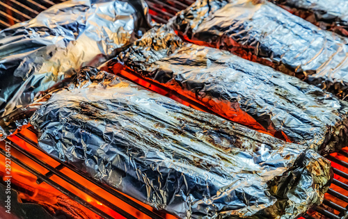 grilling barbecue on aluminum foil
