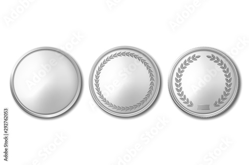 Vector 3d Realistic Silver Metal Blank Coin Icon Set Closeup Isolated on White Background. Design Template, Clipart of Gold Money, Medal, Currensy for Mockup. Financial, Business Concept. Top View