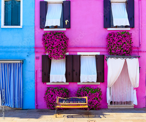 Street with colorful buildings in Burano island, Venice, Italy. Architecture and landmarks of Venice, Venice postcard