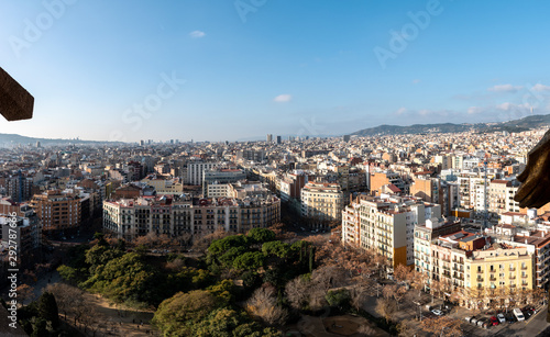 Overlooking the city of Barcelona, Spain from the spire of the Sagrada Familia