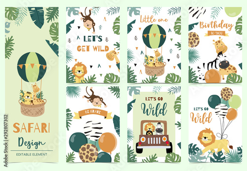 Collection of safari background set with giraffe,balloon,zebra,lion.Editable vector illustration for birthday invitation,postcard and sticker.Wording include wild and free
