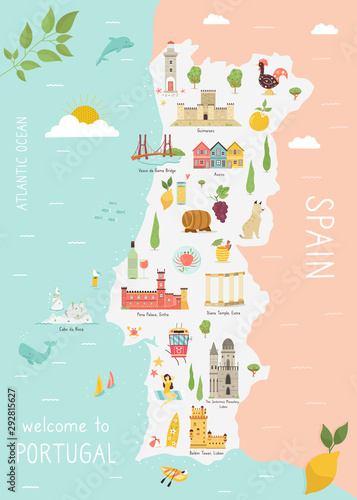 Illustrated map of Portugal with icons, cities