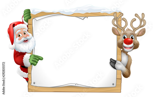 Santa Claus and Christmas reindeer cartoon characters peeking around a wooden sign and pointing at it
