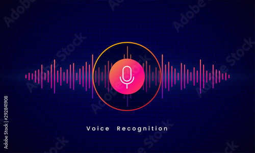 Voice Recognition AI personal assistant modern technology visual concept vector illustration design. Microphone button icon on digital sound wave audio spectrum line background