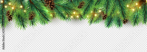 Christmas border. Holiday garland isolated on transparent background. Vector Christmas tree branches, lights and cones. Festive banner design. Christmas branch coniferous garland border illustration