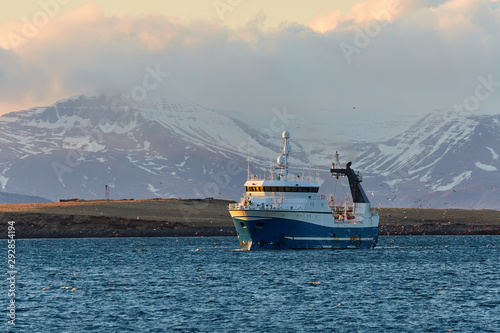 Fishing boat coming back to port followed by seagulls, mountains in the background