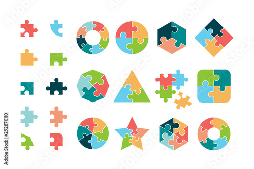 Puzzle collection. Business different jigsaw round and square geometrical forms tags puzzle pieces vectors. Piece jigsaw icon, round and square shape illustration