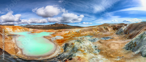 Exotic landscape of Acid hot lake with turquoise water in the geothermal valley Leirhnjukur