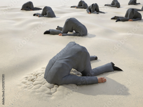 group of businessmen hides their heads in the sand