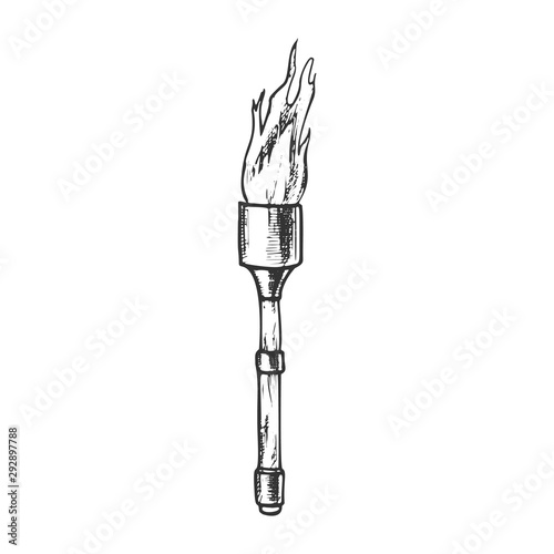 Torch Light Stick With Flame Monochrome Vector. Medieval Burning Torch Or Lighting Flambeau. Shine And Burn Fire Engraving Template Hand Drawn In Vintage Style Black And White Illustration
