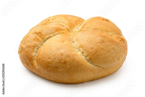 Traditional plain kaiser roll isolated on white.