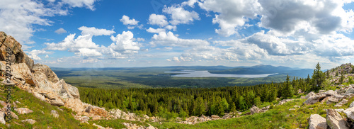 Beautiful view from the Zyuratkul ridge on the lake Zyuratkul. Zyuratkul lake is a high-mountain lake in the southern Ural. Zyuratkul national Park, Chelyabinsk region, Russia.
