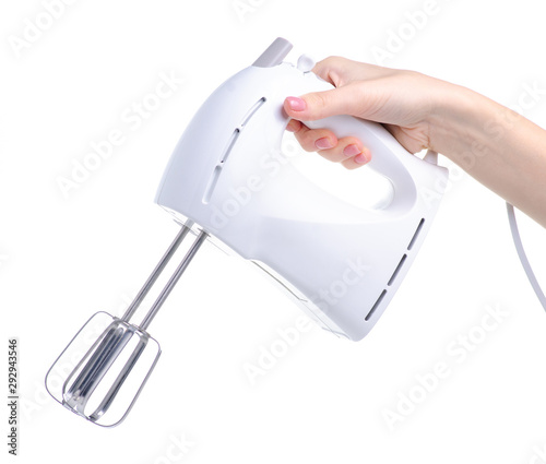 Electric mixer blender in hand on white background isolation