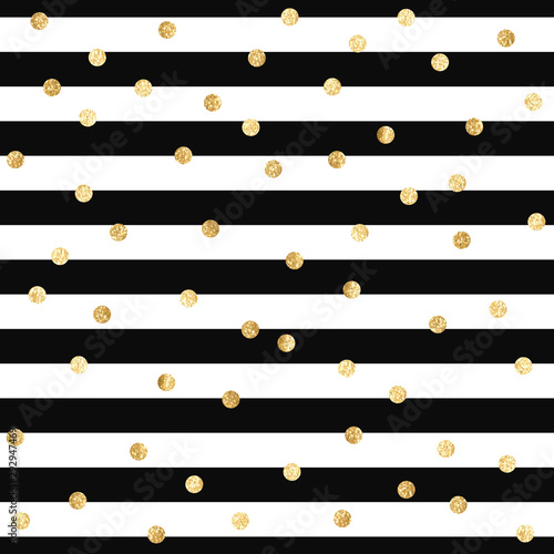 Vector seamless pattern with gold glitter polka dots on black and white stripes background