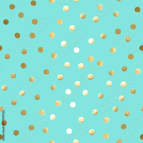 Vector seamless pattern with gold polka dots on mint background