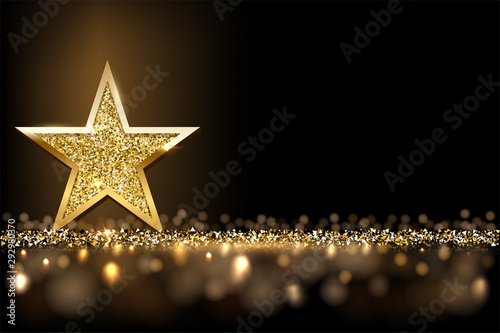 Golden sparkling star isolated on dark luxury horizontal background. Vector design element.