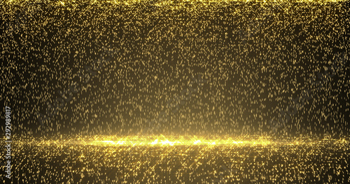 Golden glitter rain with bokeh light and gold particles splash. Golden sparks shimmer glow flow on luxury black and gold background