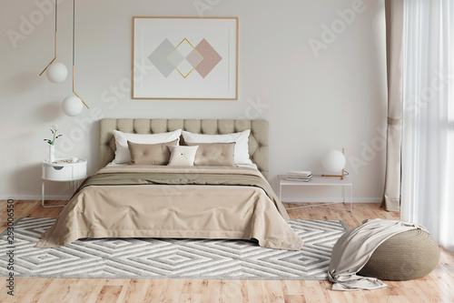 3d illustration. Cozy bedroom in warm colors with painting, a nightstand, a pouf, and a plaid. Front view