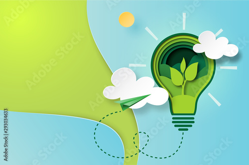 Paper art of green ecology and save energy for environment conservation concept landing page website template background.Vector illustration.