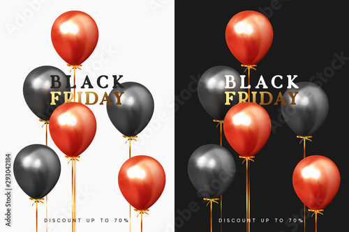 Black Friday Sale. Festive Background with realistic balloons. Group ballons with ribbon in color black and red. Discount up to 70% off. Banner, posters or flyers design, card. Vector illustration