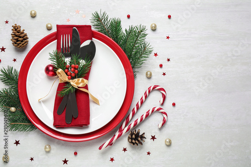 Christmas table setting on white background, flat lay