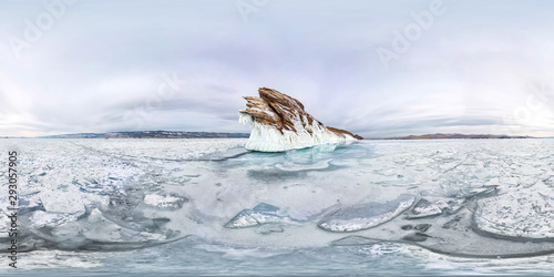 ice icicles on Ogoy island winter Lake Baikal. Siberia, Russia. Spherical 360vr panorama