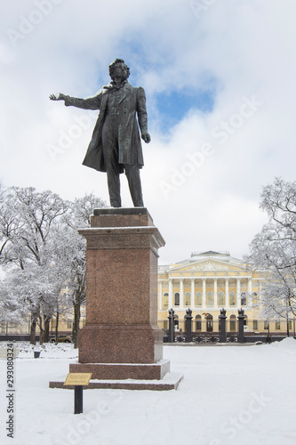 Monument statue to Aleksander Pushkin on Square of Arts near Russian Museum, in winter with snow-white trees, St Petersburg, Russia. Sculptor M. K. Anikushin, architect V.A. Petrov.