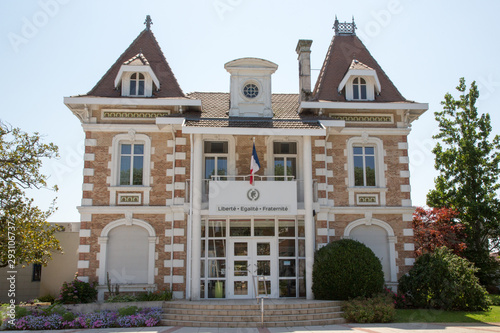 Mairie de Andernos, the town hall of city near Arcachon, France liberté egalité fraternité is symbol of french republic means freedom equality fraternity