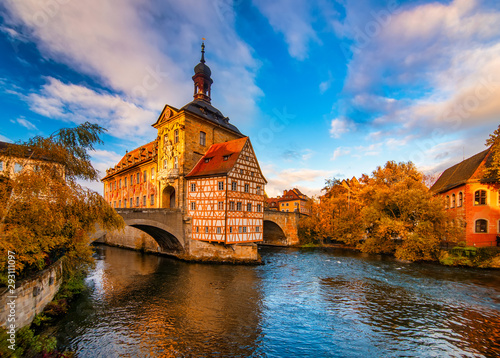 Autumn scenery with Old Town Hall of Bamberg, Germany. UNESCO World Heritage Site.