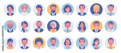 Business people avatar big bundle set. Businessmen and businesswomen face icons, character pic to represent online user in social net. Vector flat style cartoon illustration isolated, white background