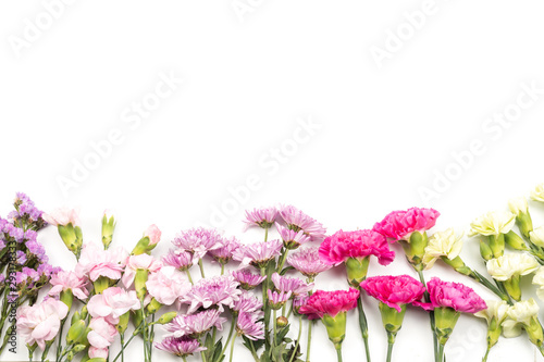 Colorful carnation flowers on white background, top view