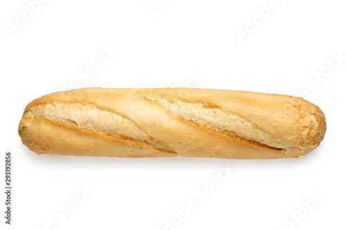 Traditional plain white baguette isolated on white. Top view.