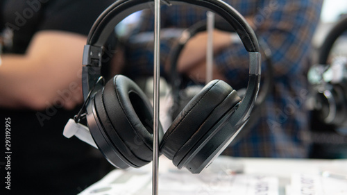 Kyiv, Ukraine -28 September 2019 : CEE 2019. Exhibition of Technologies and Gadgets for Audiophiles. Modern models of external headphones at the exhibition of audio equipment