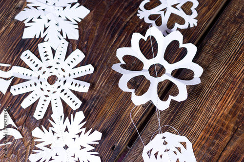 A variety of paper snowflakes. Handmade snowflakes.