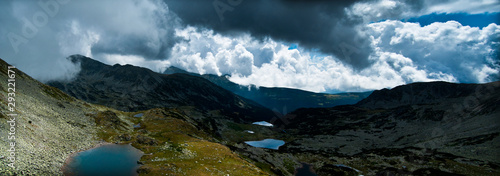 High-altitude landscape with glacier lakes from the Retezat Peak of the Carpathian Mountains 