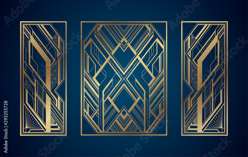 Gold art deco panels on dark blue background