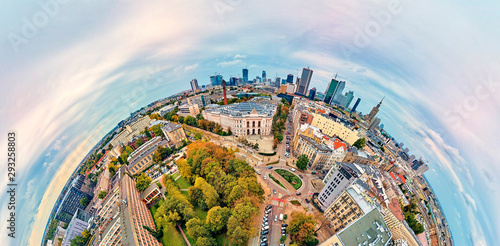 Beautiful panoramic aerial drone view to The Main Building of the Warsaw University of Technology - the historic building located on the square of the Warsaw University of Technology