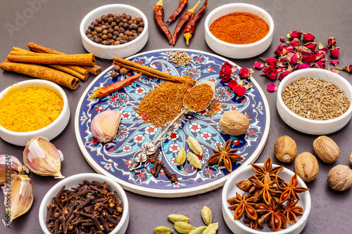 Ingredients for preparation oriental spice Ras el Hanout