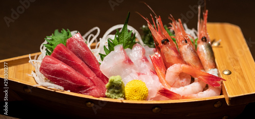 Assorted sashimi platter. Sashimi is fillet of raw fish.